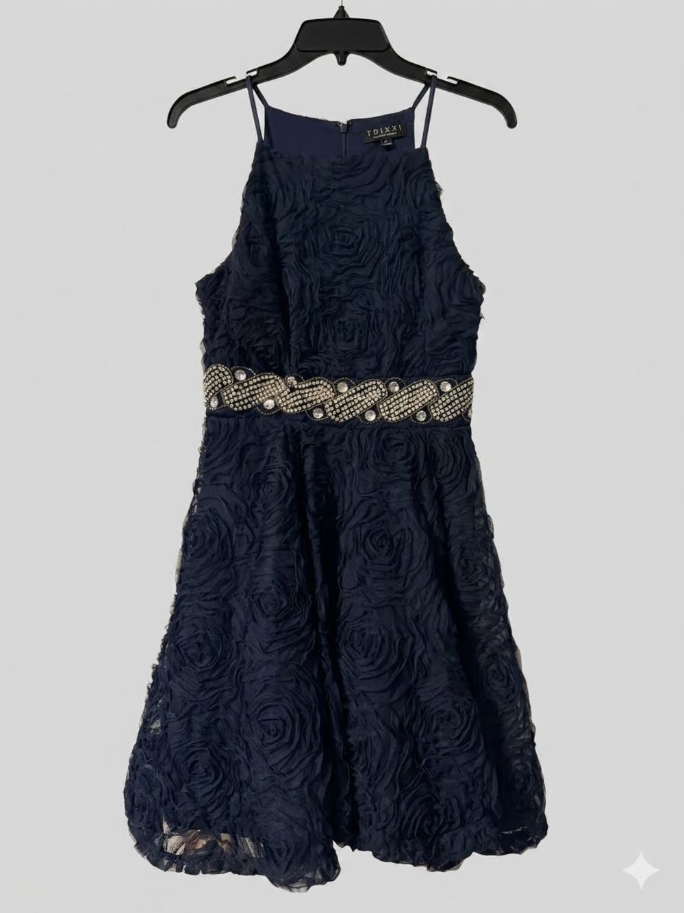 Trixxi Navy Rosette A-Line Prom Dress with Beaded Waist